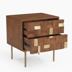 Boho Solid Mango Wood In Walnut Finish And Gold Brass Metal 2 Drawer Bedside Cabinet Side Table