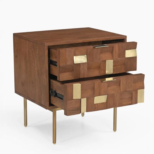 Boho Solid Mango Wood In Walnut Finish And Gold Brass Metal 2 Drawer Bedside Cabinet Side Table