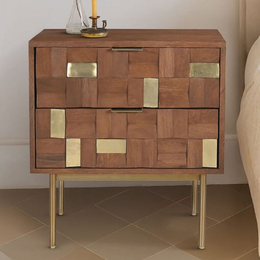 Boho Solid Mango Wood In Walnut Finish And Gold Brass Metal 2 Drawer Bedside Cabinet Side Table
