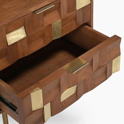 Boho Solid Mango Wood In Walnut Finish And Gold Brass Metal 2 Drawer Bedside Cabinet Side Table