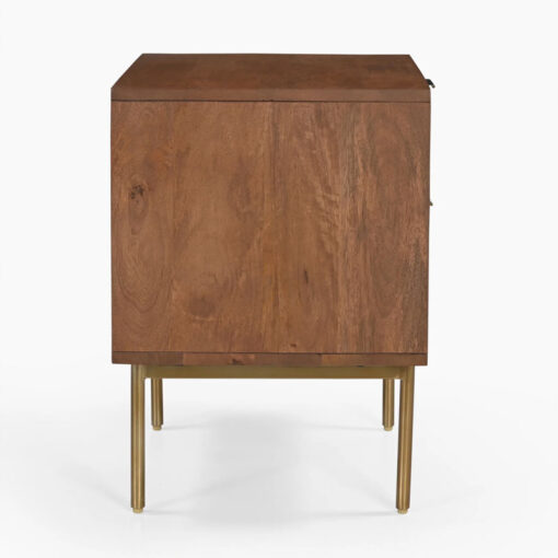 Boho Solid Mango Wood In Walnut Finish And Gold Brass Metal 2 Drawer Bedside Cabinet Side Table
