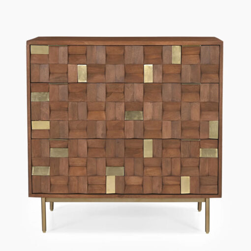 Boho Solid Mango Wood In Walnut Finish And Gold Brass Metal 3 Drawer Chest Of Drawers