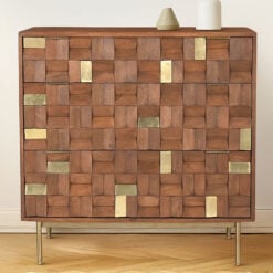 Boho Solid Mango Wood In Walnut Finish And Gold Brass Metal 3 Drawer Chest Of Drawers