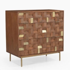 Boho Solid Mango Wood In Walnut Finish And Gold Brass Metal 3 Drawer Chest Of Drawers
