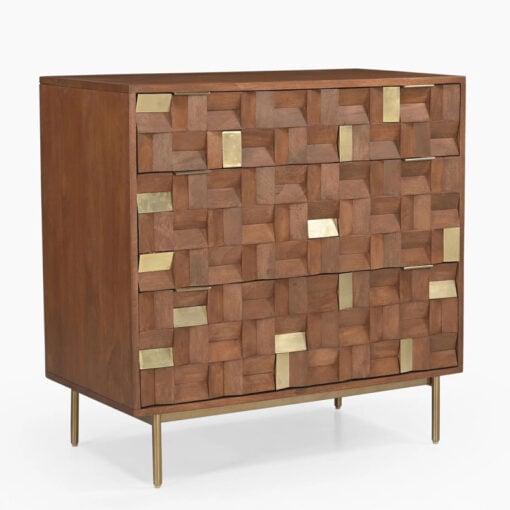 Boho Solid Mango Wood In Walnut Finish And Gold Brass Metal 3 Drawer Chest Of Drawers