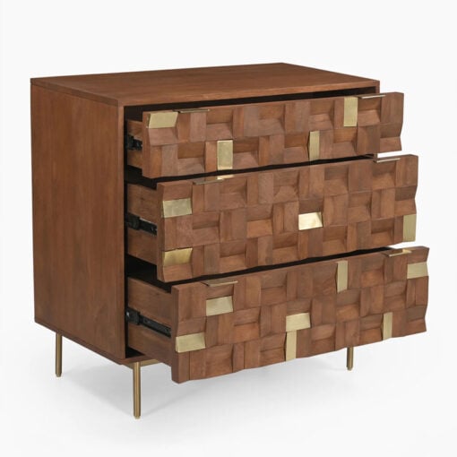 Boho Solid Mango Wood In Walnut Finish And Gold Brass Metal 3 Drawer Chest Of Drawers