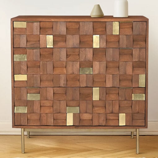 Boho Solid Mango Wood In Walnut Finish And Gold Brass Metal 3 Drawer Chest Of Drawers