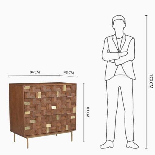 Boho Solid Mango Wood In Walnut Finish And Gold Brass Metal 3 Drawer Chest Of Drawers