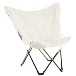 Boho White Faux Sheepskin Fur Butterfly Foldable Chair With Black Metal Legs