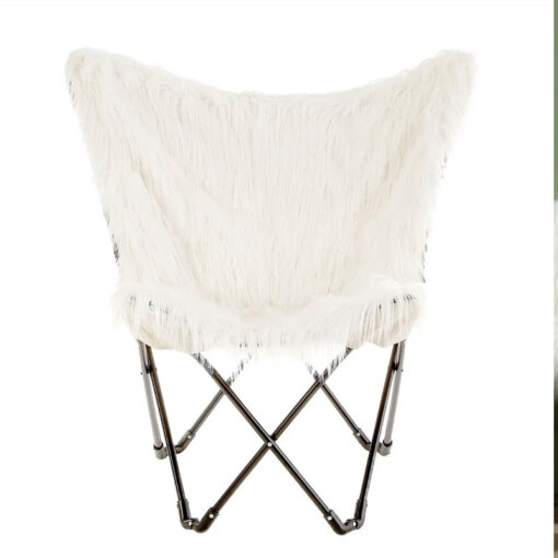 Boho White Faux Sheepskin Fur Butterfly Foldable Chair With Black Metal Legs