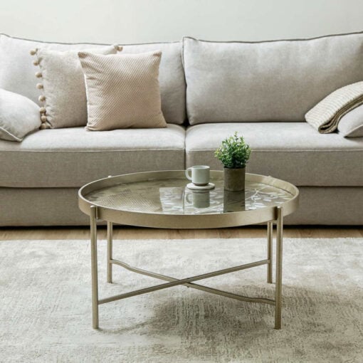 Champagne Gold Metal Round Coffee Table With Floral Print Top 80cm