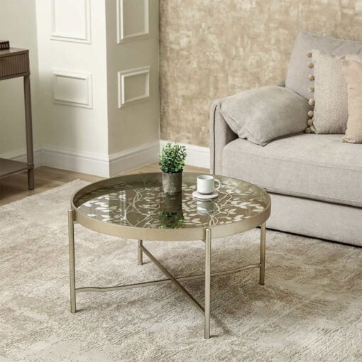 Champagne Gold Metal Round Coffee Table With Floral Print Top 80cm