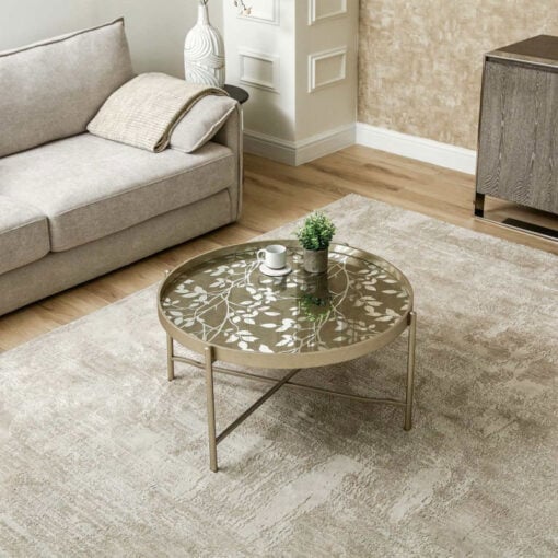 Champagne Gold Metal Round Coffee Table With Floral Print Top 80cm