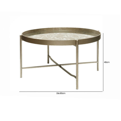 Champagne Gold Metal Round Coffee Table With Floral Print Top 80cm