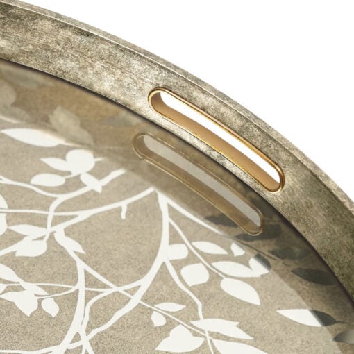 Champagne Gold Metal Round Side Table With Floral Print Glass Top