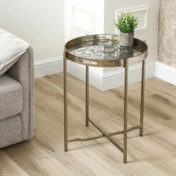 Champagne Gold Metal Round Side Table With Floral Print Glass Top