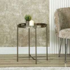 Champagne Gold Metal Round Side Table With Floral Print Glass Top