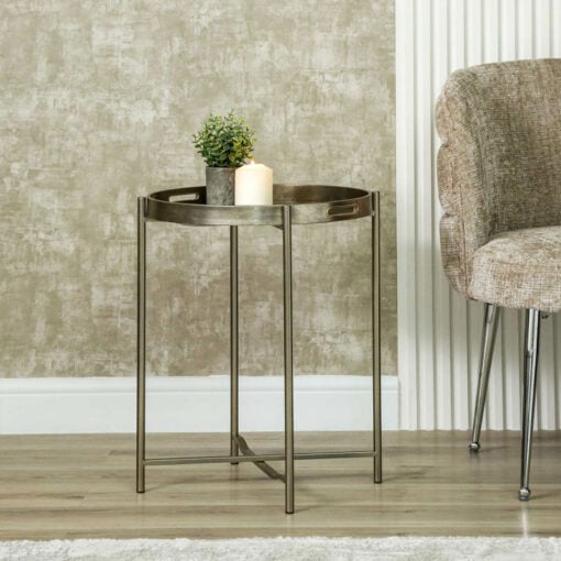 Champagne Gold Metal Round Side Table With Floral Print Glass Top