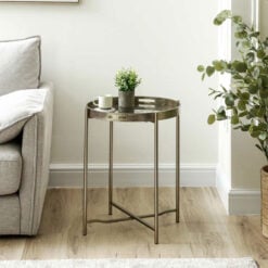 Champagne Gold Metal Round Side Table With Floral Print Glass Top
