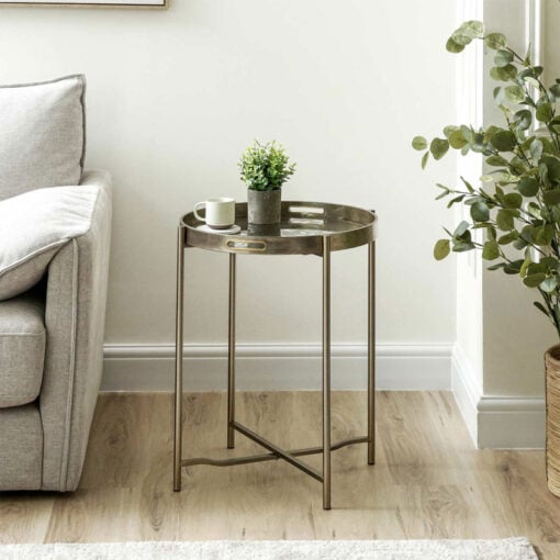 Champagne Gold Metal Round Side Table With Floral Print Glass Top