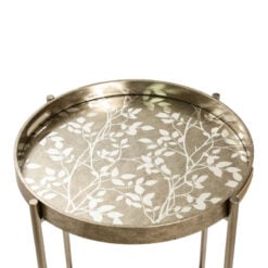 Champagne Gold Metal Round Side Table With Floral Print Glass Top