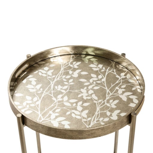 Champagne Gold Metal Round Side Table With Floral Print Glass Top