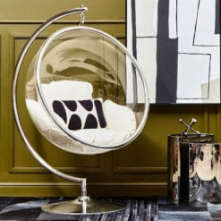 Chrome And Clear Plastic Hanging Chair Swing Seat With Cream Cushions