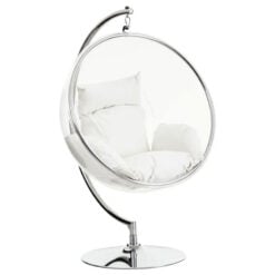 Chrome And Clear Plastic Hanging Chair Swing Seat With Cream Cushions