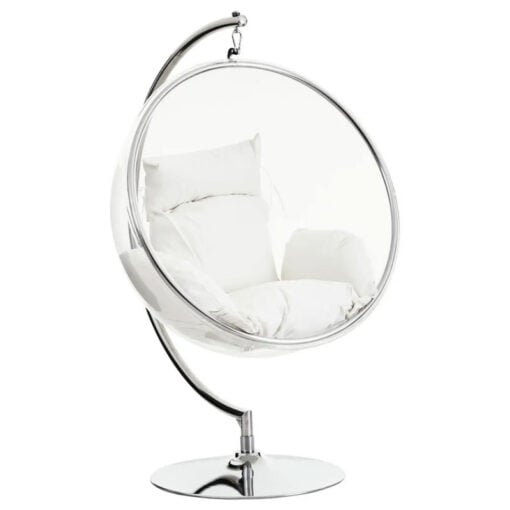 Chrome And Clear Plastic Hanging Chair Swing Seat With Cream Cushions