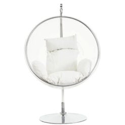 Chrome And Clear Plastic Hanging Chair Swing Seat With Cream Cushions