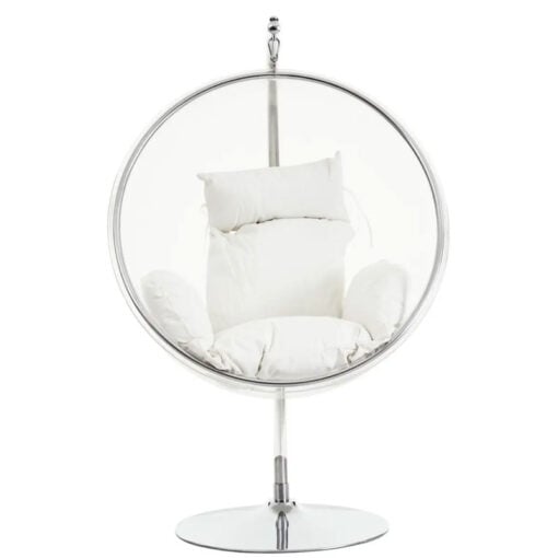 Chrome And Clear Plastic Hanging Chair Swing Seat With Cream Cushions