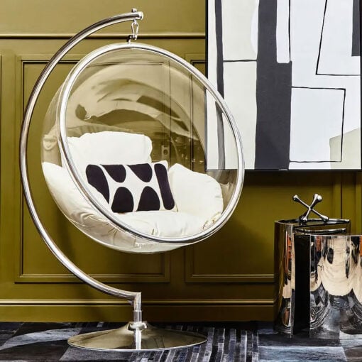 Chrome And Clear Plastic Hanging Chair Swing Seat With Cream Cushions