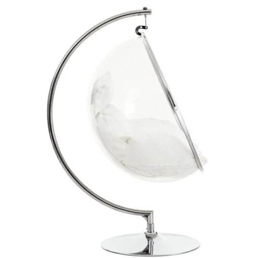 Chrome And Clear Plastic Hanging Chair Swing Seat With Cream Cushions