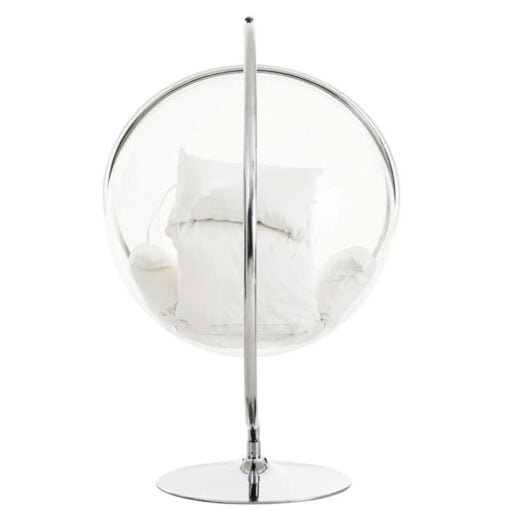 Chrome And Clear Plastic Hanging Chair Swing Seat With Cream Cushions