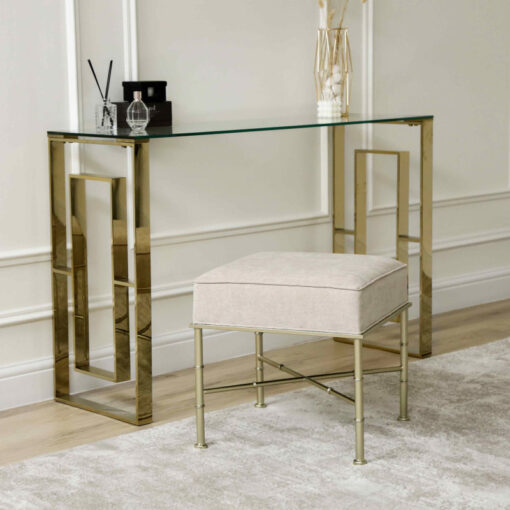 Cream Linen And Champagne Gold Metal Small Ottoman Stool Footstool