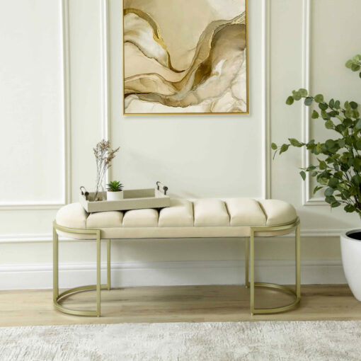 Cream Velvet And Champagne Gold Metal Tufted Vanity Bedroom Hallway Bench Ottoman 120cm