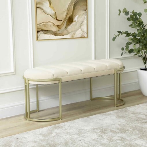 Cream Velvet And Champagne Gold Metal Tufted Vanity Bedroom Hallway Bench Ottoman 120cm