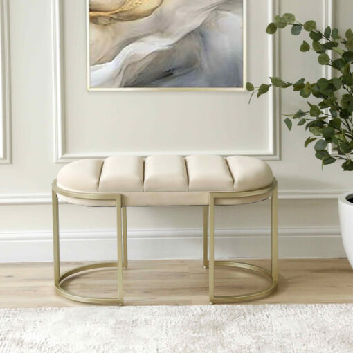 Cream Velvet And Champagne Gold Metal Tufted Vanity Bedroom Hallway Bench Ottoman 80cm