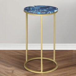 Gold Metal And Blue Agate Stone Round Side Table End Table