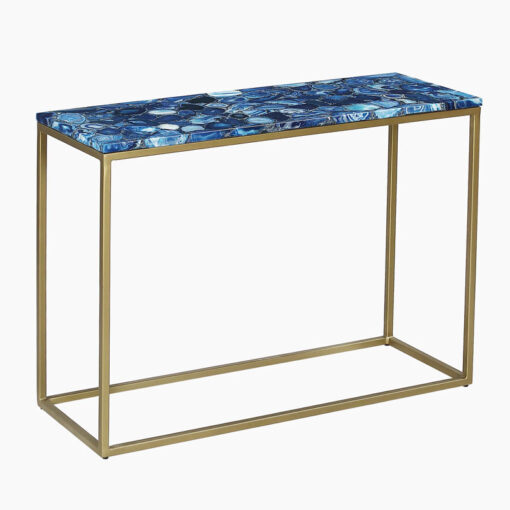 Gold Metal And Blue Agate Stone Slim Console Table 107cm
