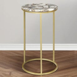 Gold Metal And Blue And Black Agate Stone Round Side Table End Table