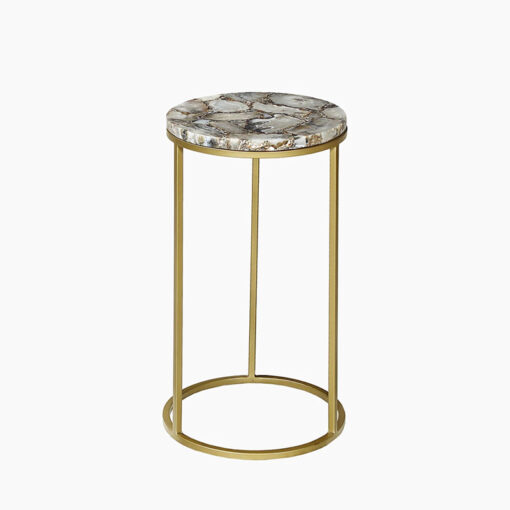 Gold Metal And Blue And Black Agate Stone Round Side Table End Table