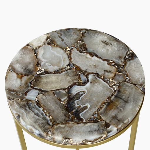 Gold Metal And Blue And Black Agate Stone Round Side Table End Table