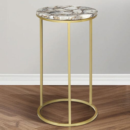Gold Metal And Blue And Black Agate Stone Round Side Table End Table