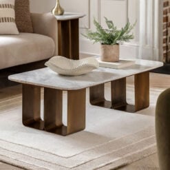 Gold Metal And White Marble Large Rectangular Round Corners Low Coffee Table 120cm
