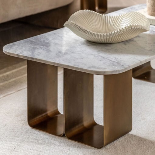 Gold Metal And White Marble Large Rectangular Round Corners Low Coffee Table 120cm