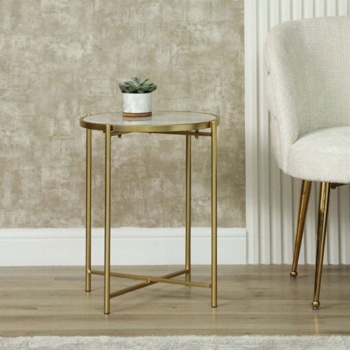 Gold Metal And White Marble Round Side Table End Table 55cm