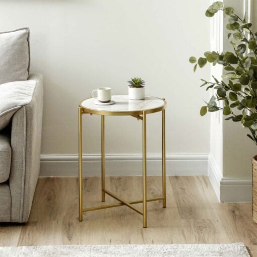 Gold Metal And White Marble Round Side Table End Table 55cm