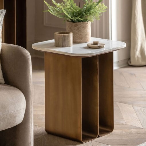 Gold Metal And White Marble Square Round Corners Side Table End Table