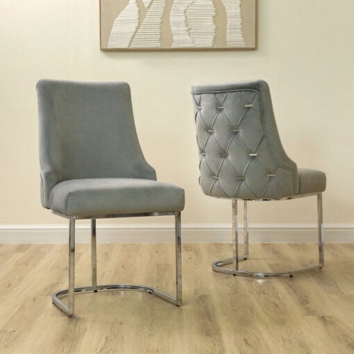 Grey Velvet Tufted Scoop Back Dining Chair With Silver Chrome Legs